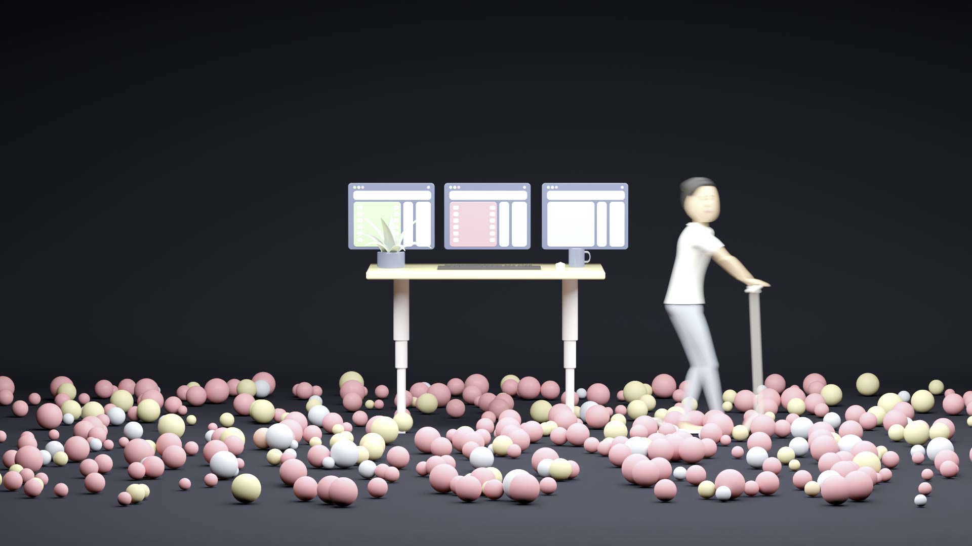 A co-worker enters the workspace represented by a height-adjustable desktop. The co-worker uses an e-scooter. In the room, there are numerous rolling balls representing itesign-developed apps.